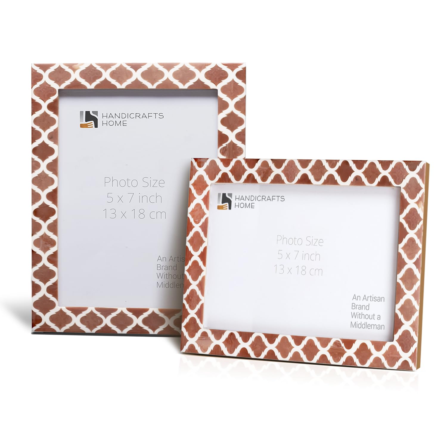 Handicrafts Home Brown & White Vintage Photo Frames For Wall Or Tabletop Display, 5X7 Picture Frame Set Of 2,Boho Farmhouse Gallery Wall Frame Set, Artisan Handmade Home Decor, Handmade Moroccan Frame