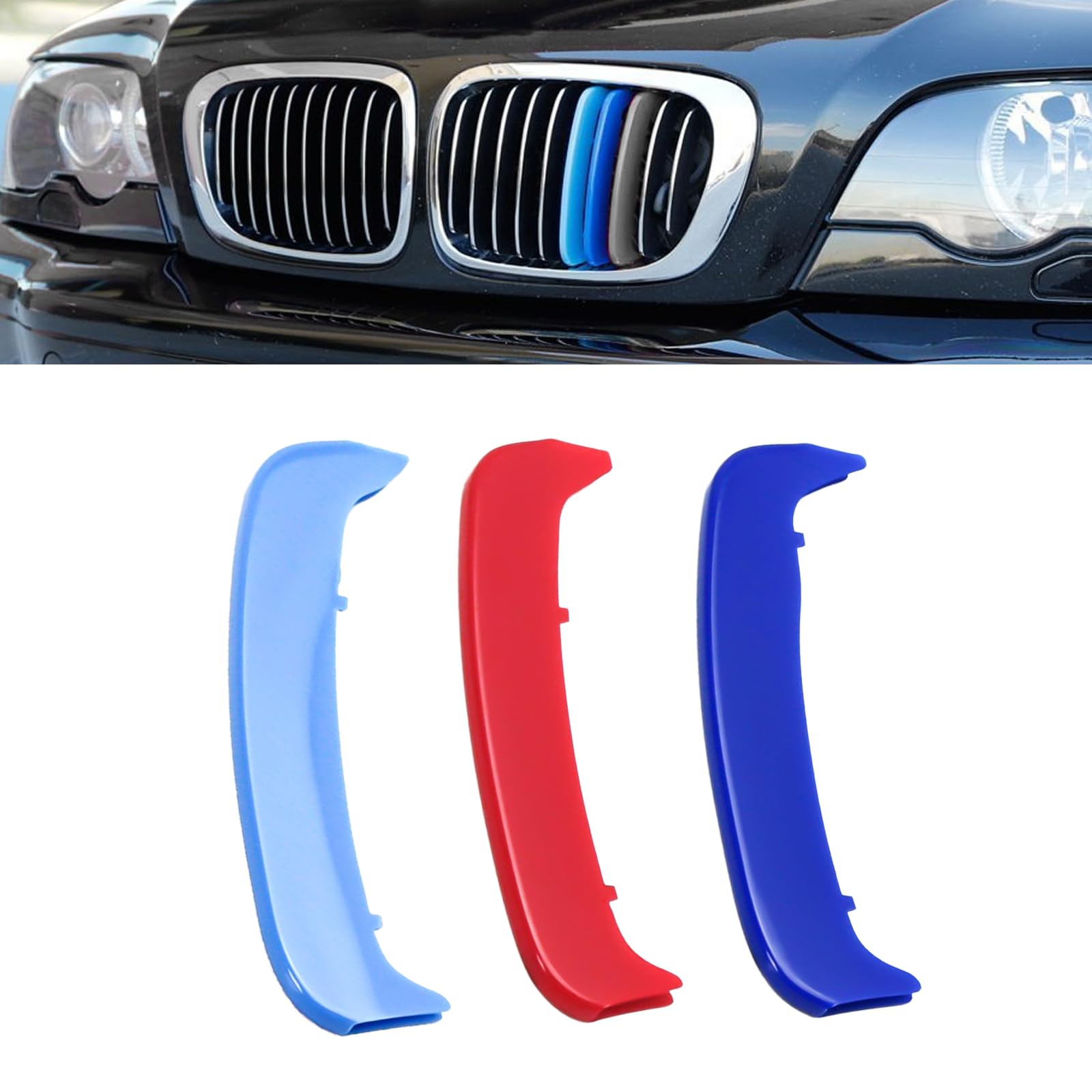 x xotic tech Iconic 3-color Sporty Grille Insert Trim Exact Fit Kidney Grill Stripe Clip Compatible with BMW 3 series E46 LCI Sedan 2002-2005, 3 series E46 Pre-LCI Coupe 2000-2003, M3 2001-2006