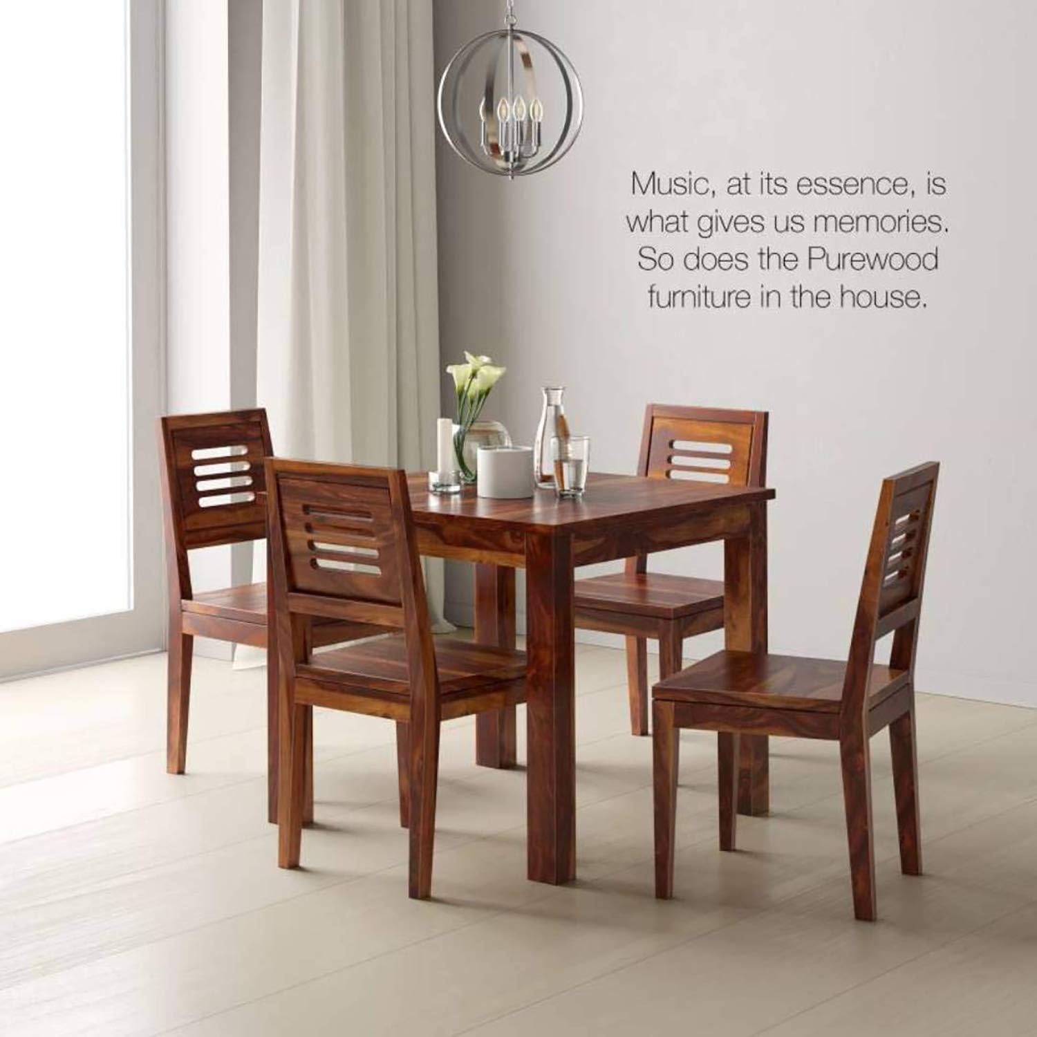 MODWAY Sheesham Wood Square Dining Table Set with 4 Chairs (Teak Finish)