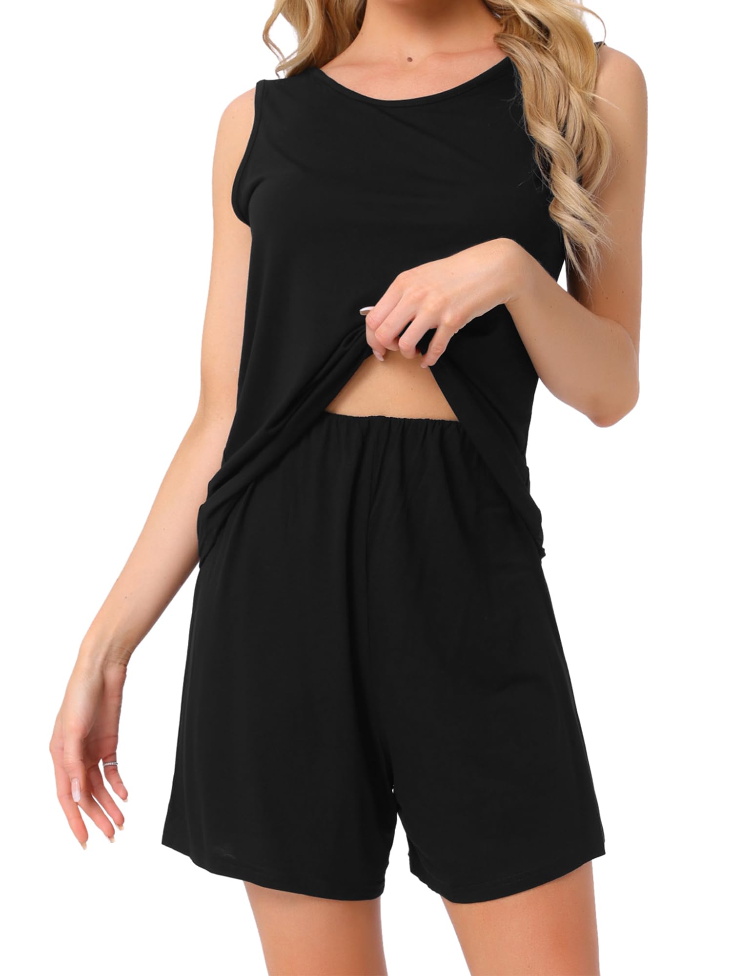cheibear Womens Cotton Loungewear Tank Shorts Stretchy Round Neck Sleeveless Loose Soft Casual 2 Piece Pajamas Set