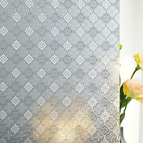 Privacy Window Film Vintage 3D Floral Etched Glass Door Film Window Cling UV Blocking Static Cling Window Covering Stickers Tints for Home and Office,17.5 inches by 78.7 inches