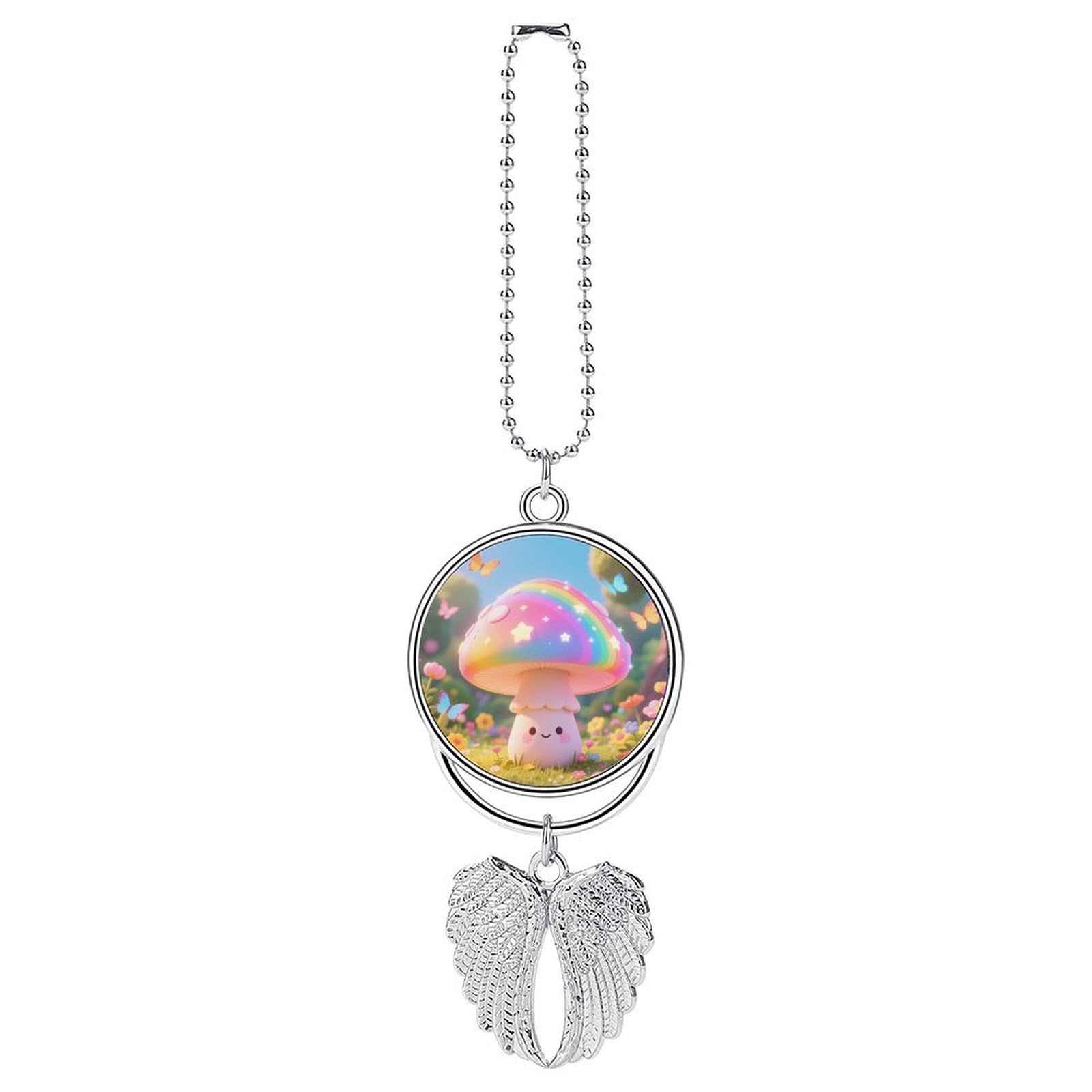 Colored Mushroom Car Charm, Alloy Rear View Mirror Pendant, Bling Funny Car Hanging Ornament Gift for Women Men, Car Pendant Lucky Auto Interior Decoration Accessories Silver-Style