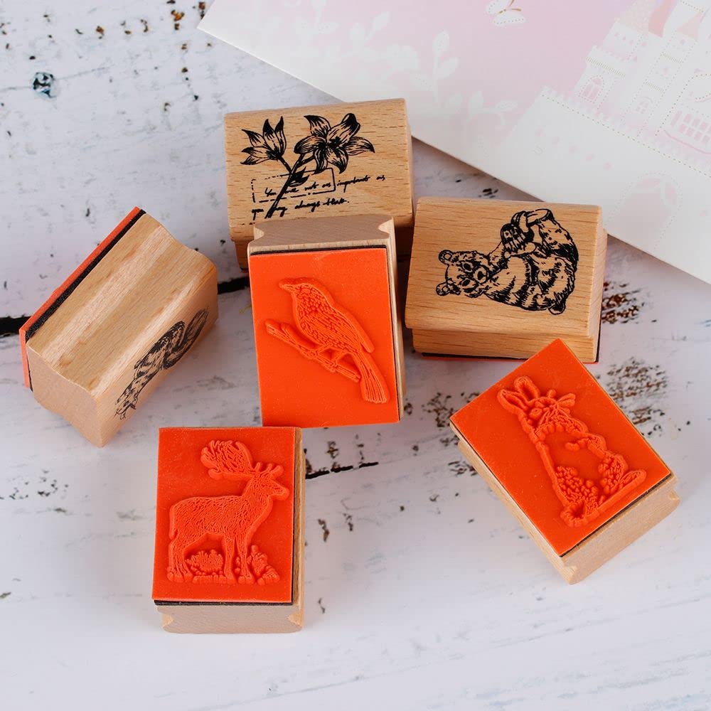Tvoip 6Pcs Stylish Vintage Cute Animal Plant Wooden Rubber Stamps Scrapbooking Painting Cards Deer Panda Rabbit Flower Decor DIY Craft - Image 3