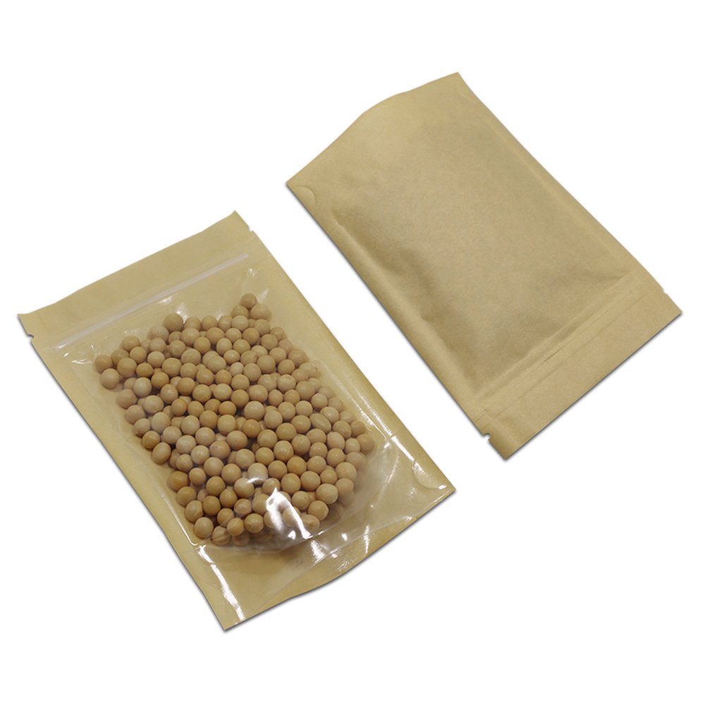 50 sacchetti trasparenti in carta kraft marrone con chiusura lampo richiudibili per caffè alimenti 10 x 15 cm