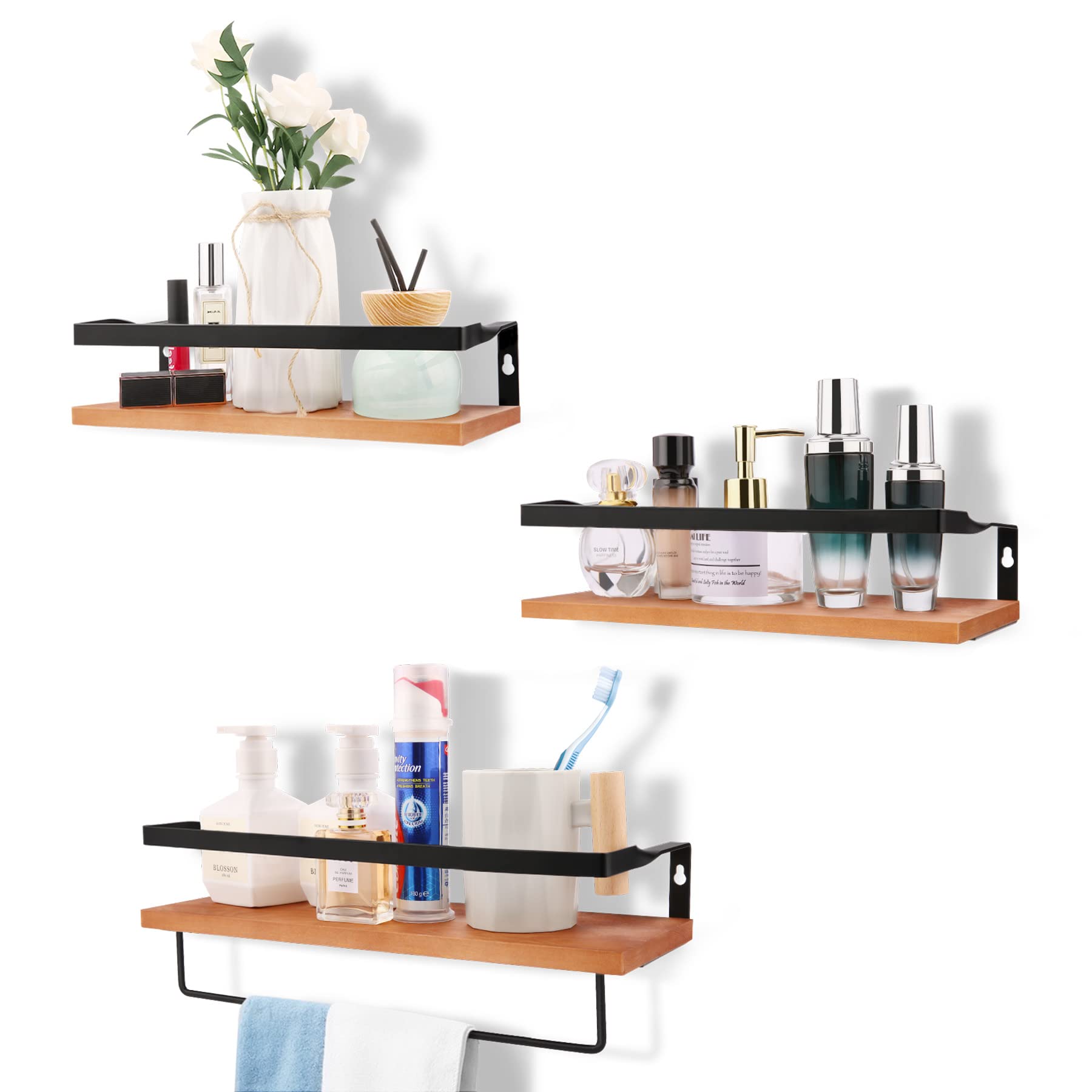 SARORRA Floating Shelves Set of 3, Wall Mounted Hanging Shelves with Towel Rail, Wall Decorative Storage Shelves for Bathroom, Kitchen, Living Room & Bedroom