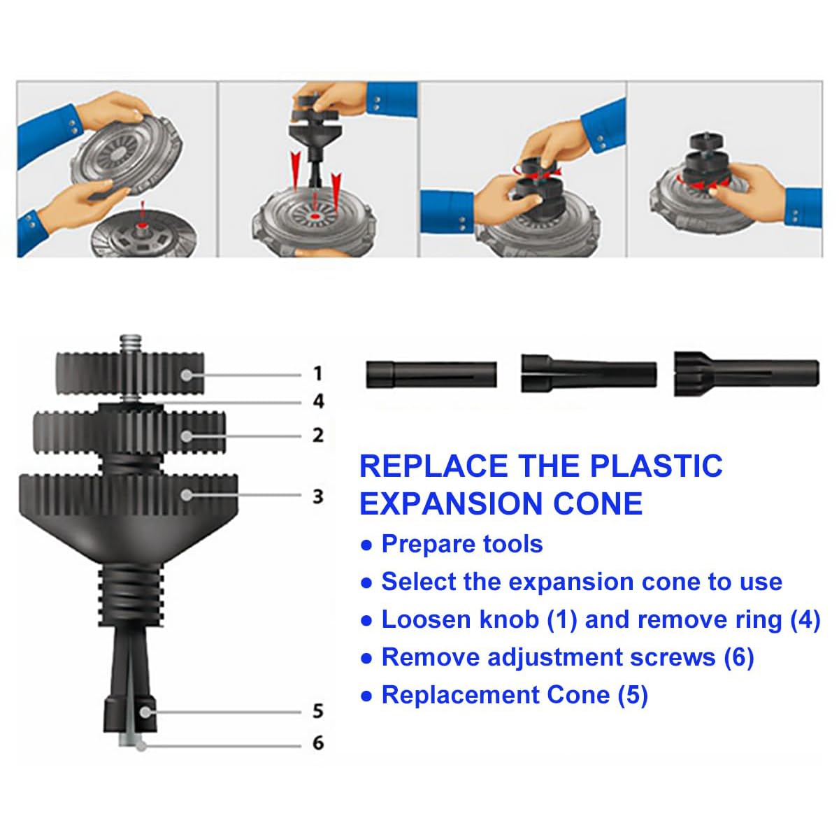 Strumento di allineamento Frizione Set di centraggio Frizione Universale per Auto per Diametro mozzo 14-28 mm, con 3 tasselli a Manicotto e pinze di espansione