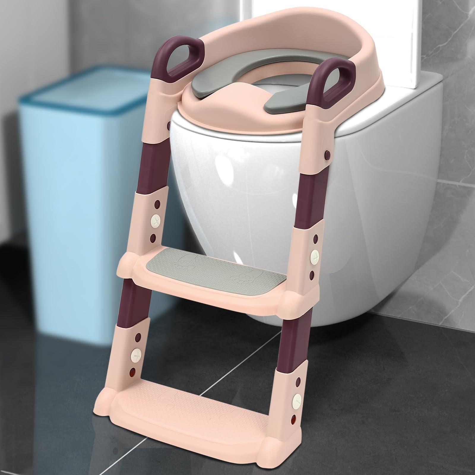 Sedile WC per bambini con scale, regolabile in altezza, pieghevole, con scale, sedile WC per bambini, con pedali antiscivolo e cuscino in poliuretano, per bambini dai 2 ai 7 anni (rosa)