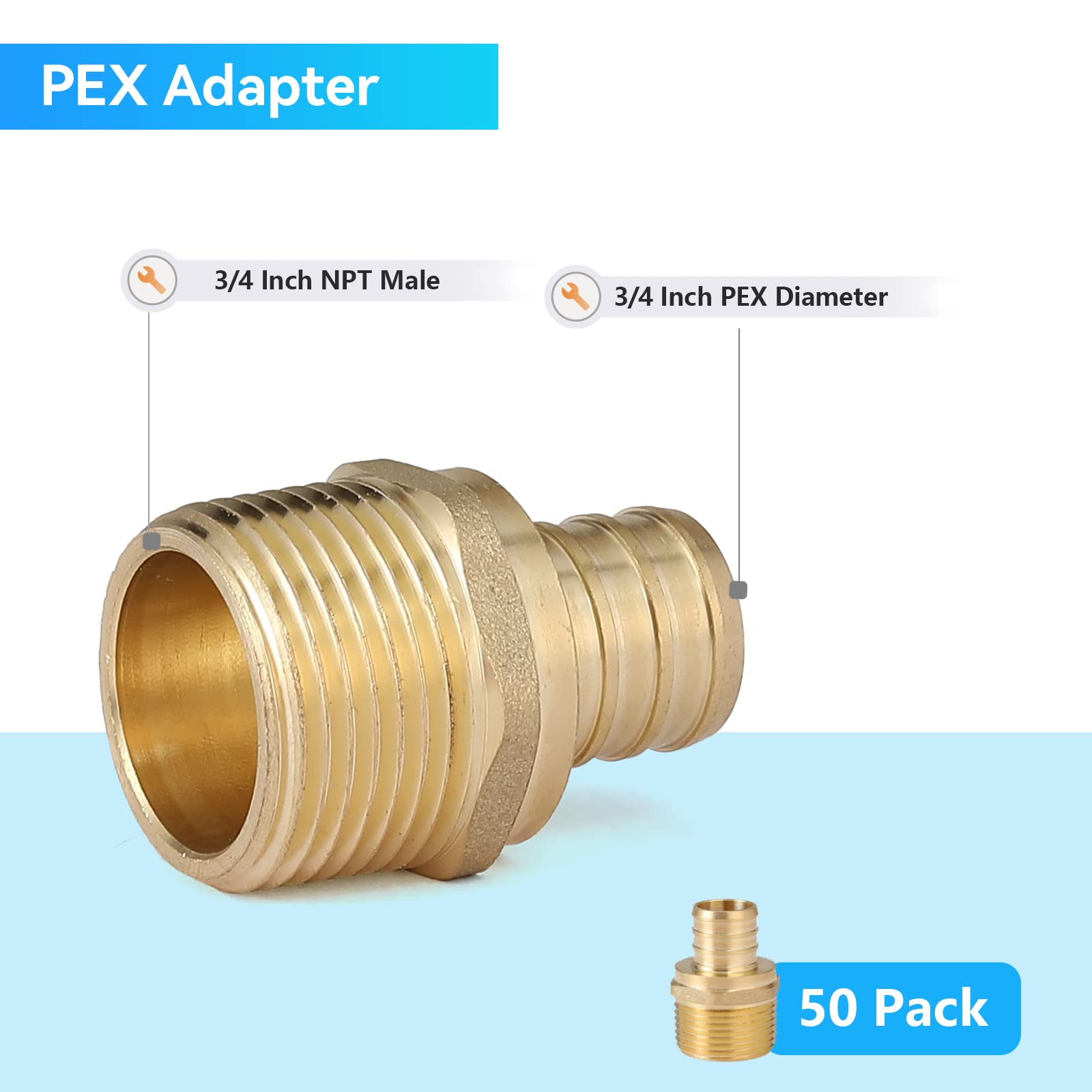 PEX - Adaptador macho de 3/4 pulgadas, paquete de 50 adaptadores macho PEX F1807 de cobre y latón