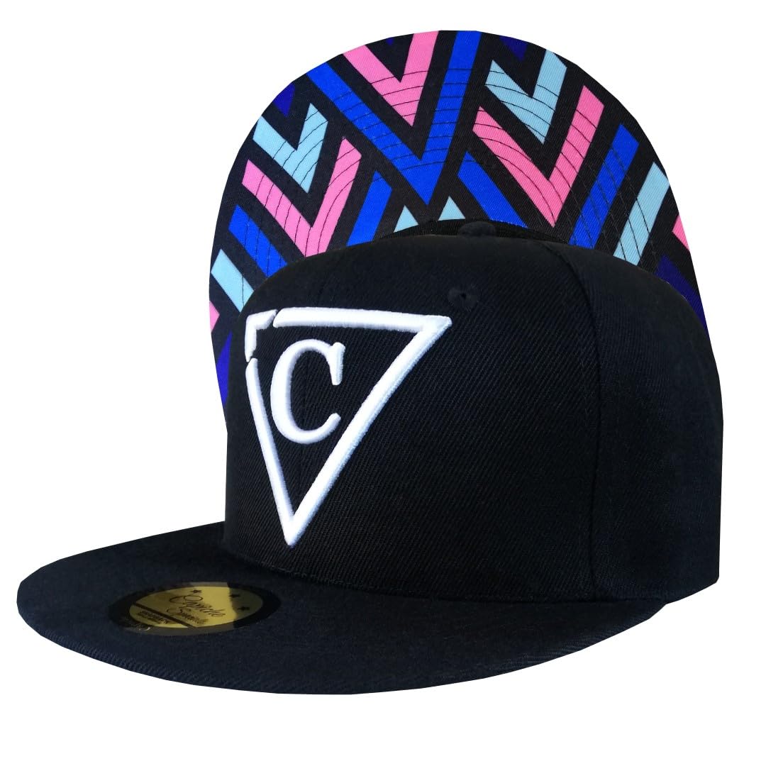 Capiche [99+ Variations] Black Snapback Hat for Men, Zig-Zig, Geometric Design, Flat Bill Visor, Zig Zag Pattern Under Brim, White Triangle Front Logo, Unisex Cap