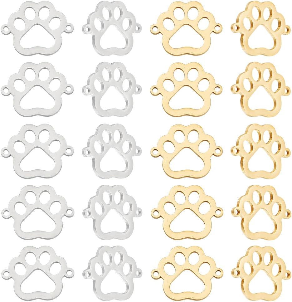 20Pcs 2 Colors Paw Print Charms 19mm Wide Flat Paw Connector Pendants Small Link Charm Stainless Steel Paw Connector Charms for Jewelty Making Hole: 1.4mm