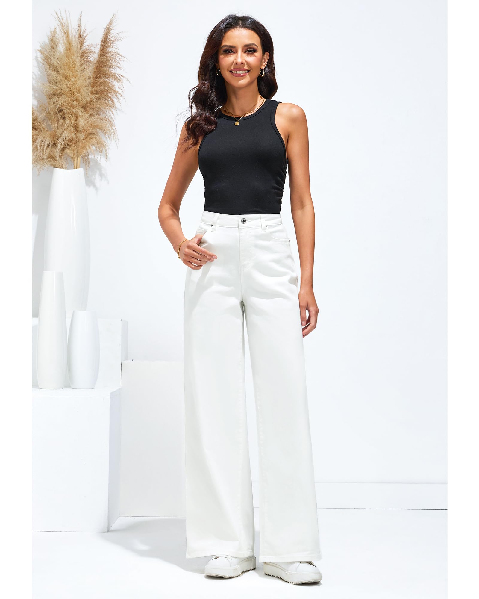 Roskiky Wide Leg Jeans Damen High Waist Stretch Denim Pants 90S Baggy Jeans Hosen Damen Jeans mit Taschen