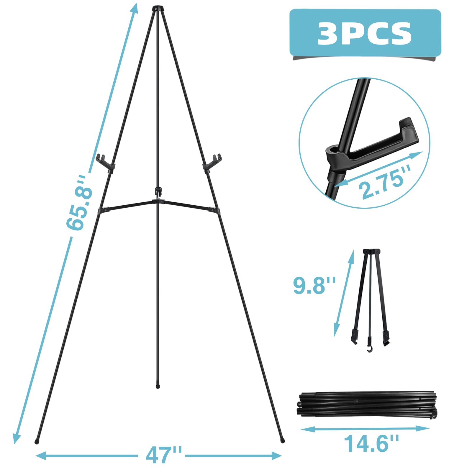 JEAWIWI 3 soportes de caballete negro para letreros de boda, soporte ajustable negro de 65 pulgadas, soporte de caballete plegable portátil con accesorios, caballete de póster de metal para