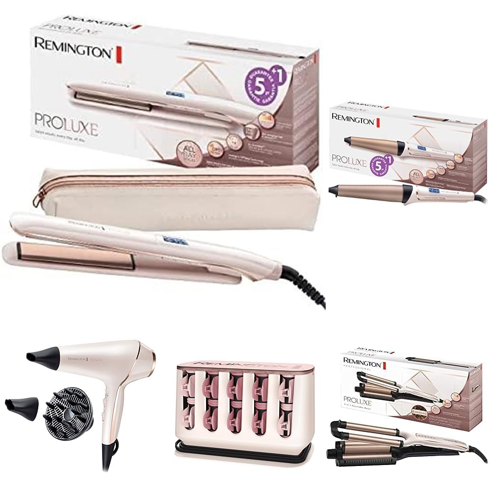 Remington Bundle Set [PROluxe - Technologie Intelligente OPTHeat]: Lisseur Cheveux + Boucleur (Conique 25-38mm) + Boucleur (Waver 4en1) + Bigoudis Cheveux + Sèche-cheveux (2400W, Professionnel)