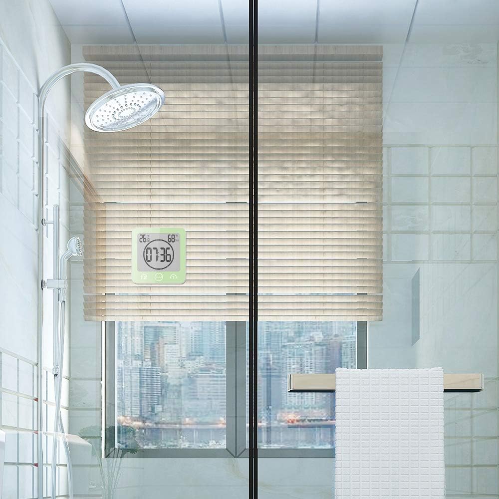 Shower Clock Waterproof Wall Clock Bathroom Clock Sunsbell Shower Cock Digital Temperature Humidity Display with Suction Cup, Touch Screen Timer for Kitchen Bathroom