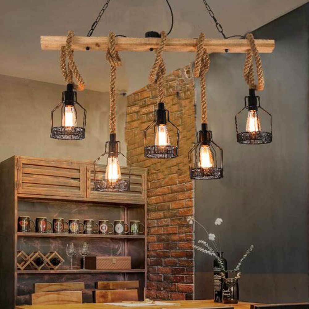 Antyczna drewniana lampa wisząca w stylu retro, lampa wisząca E27 do jadalni, lampa z liny konopnej, przemysłowy metalowy łańcuch, 5-płomieniowa lampa restauracyjna,