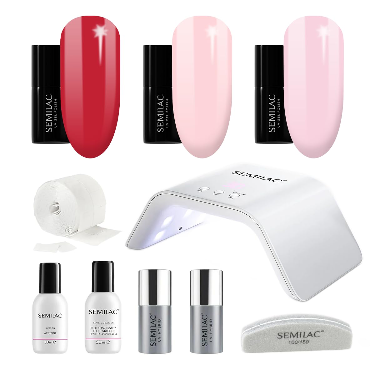 Semilac Try Me Gel Starter Kit, Set unghie per principianti – 3 x Gel UV colori 7 ml, lampada UV/LED, Top & Base Coat 7 ml, strumenti e altro per una manicure perfetta e altro – 002 delicato francese