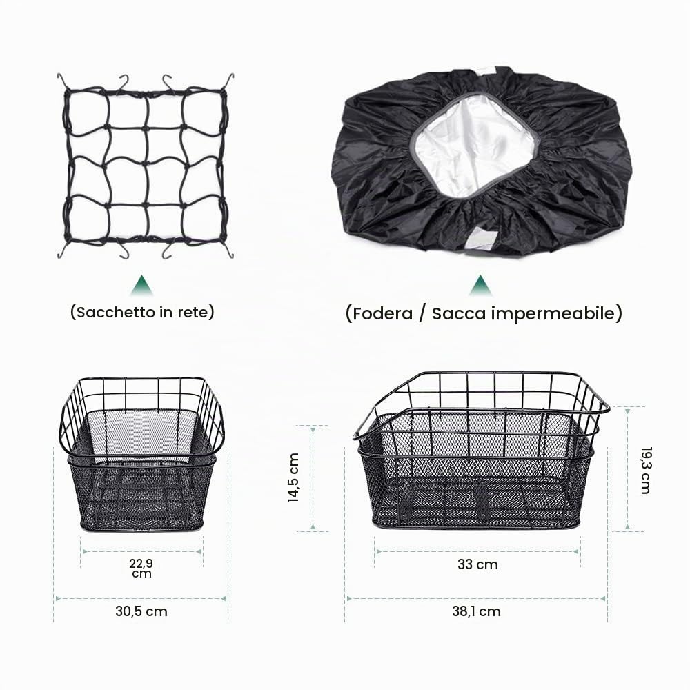 Anzome 38 x 31 x 20 cestini posteriori per biciclette, filo metallico impermeabile, con rete di ricarica regolabile e copertura impermeabile, che si adatta alla maggior parte dei portabici posteriori