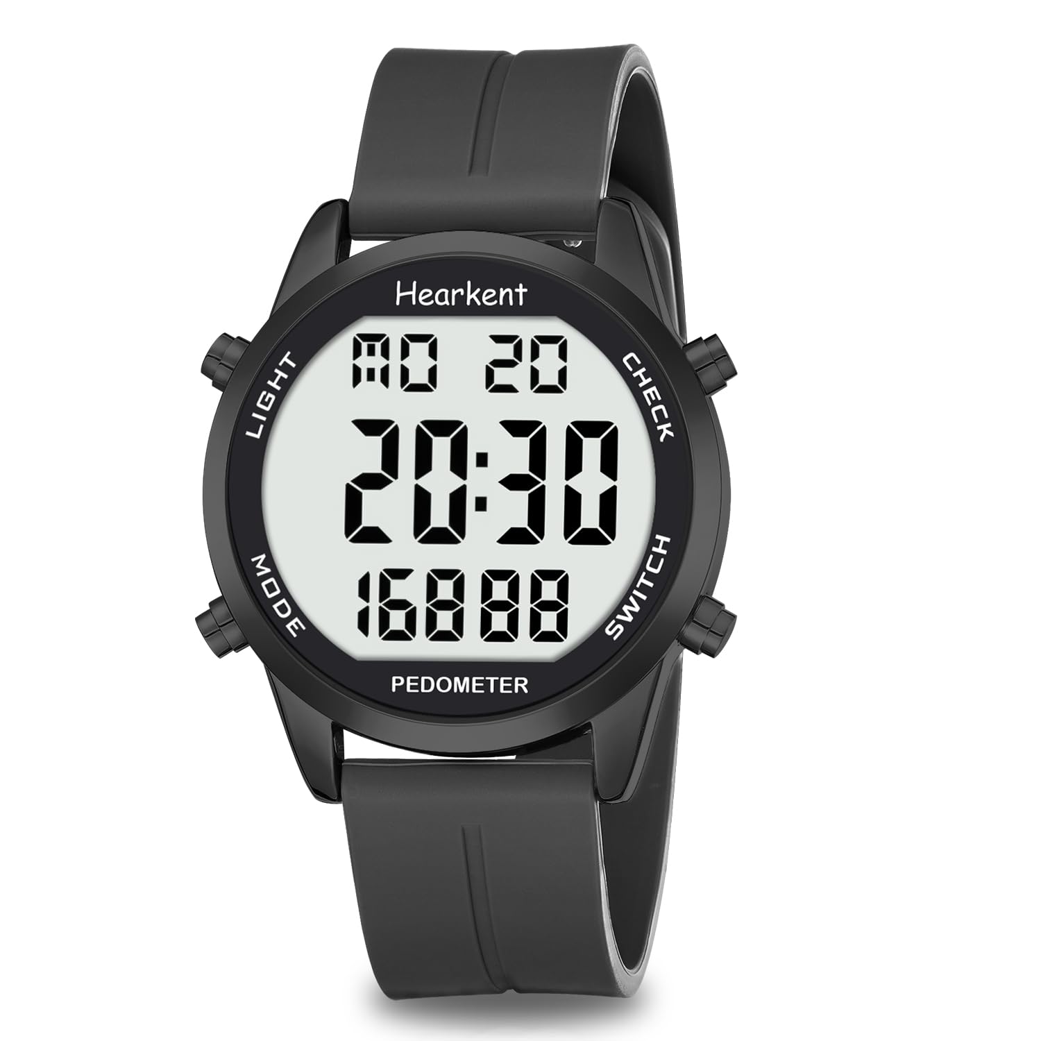 Hearkent Contapassi orologio senza Bluetooth, senza app contapassi, orologio impermeabile da 30 m, con numeri grandi LCD, contapassi per anziani, con conto alla rovescia, sveglia, contapassi