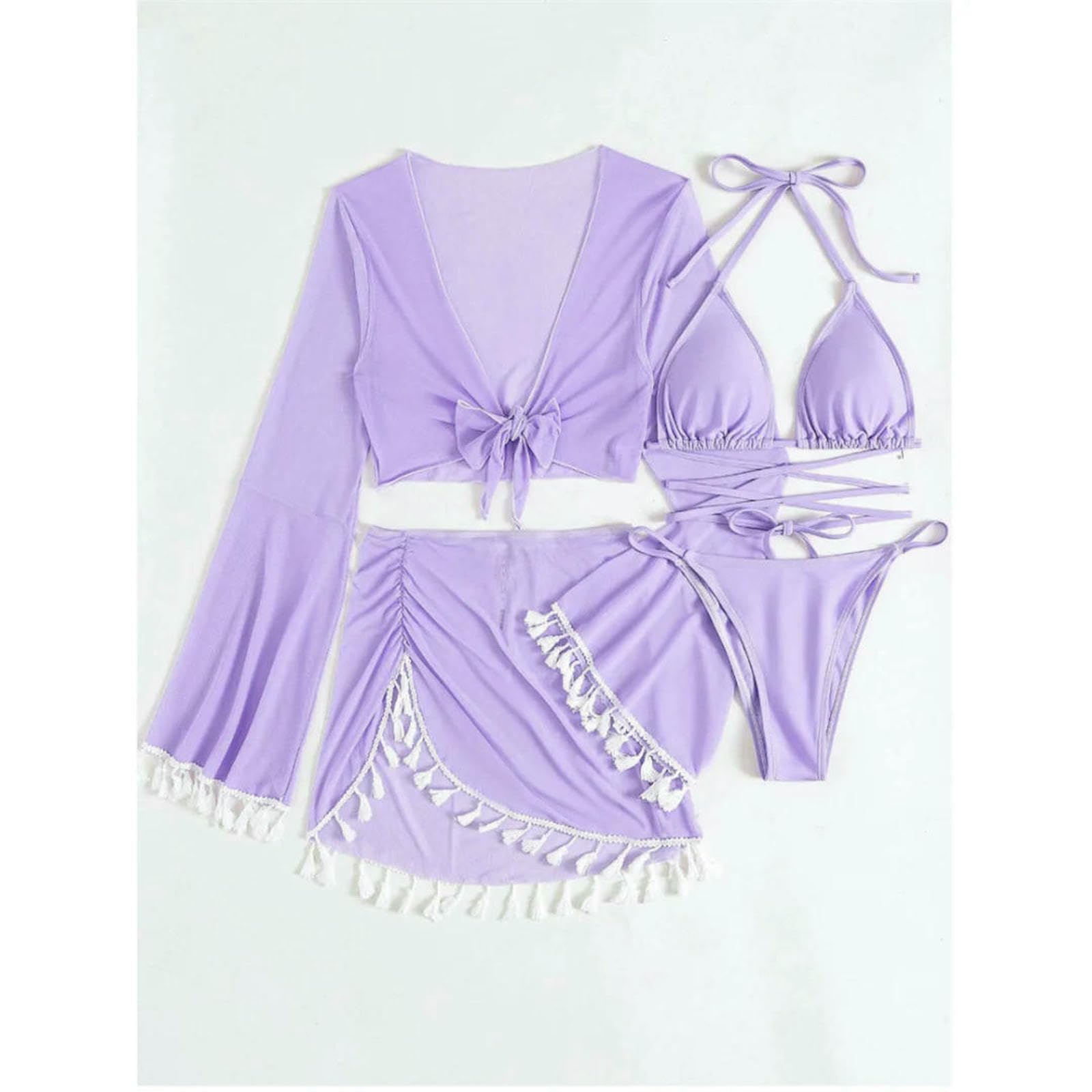 Maillot de Bain Femmes S-XL 4 Pièces Push Up Bikini Set, 2 avec Jupe Tassel & Manches Couvrir, Vacances Plage pour Les Femmes-Purple-m