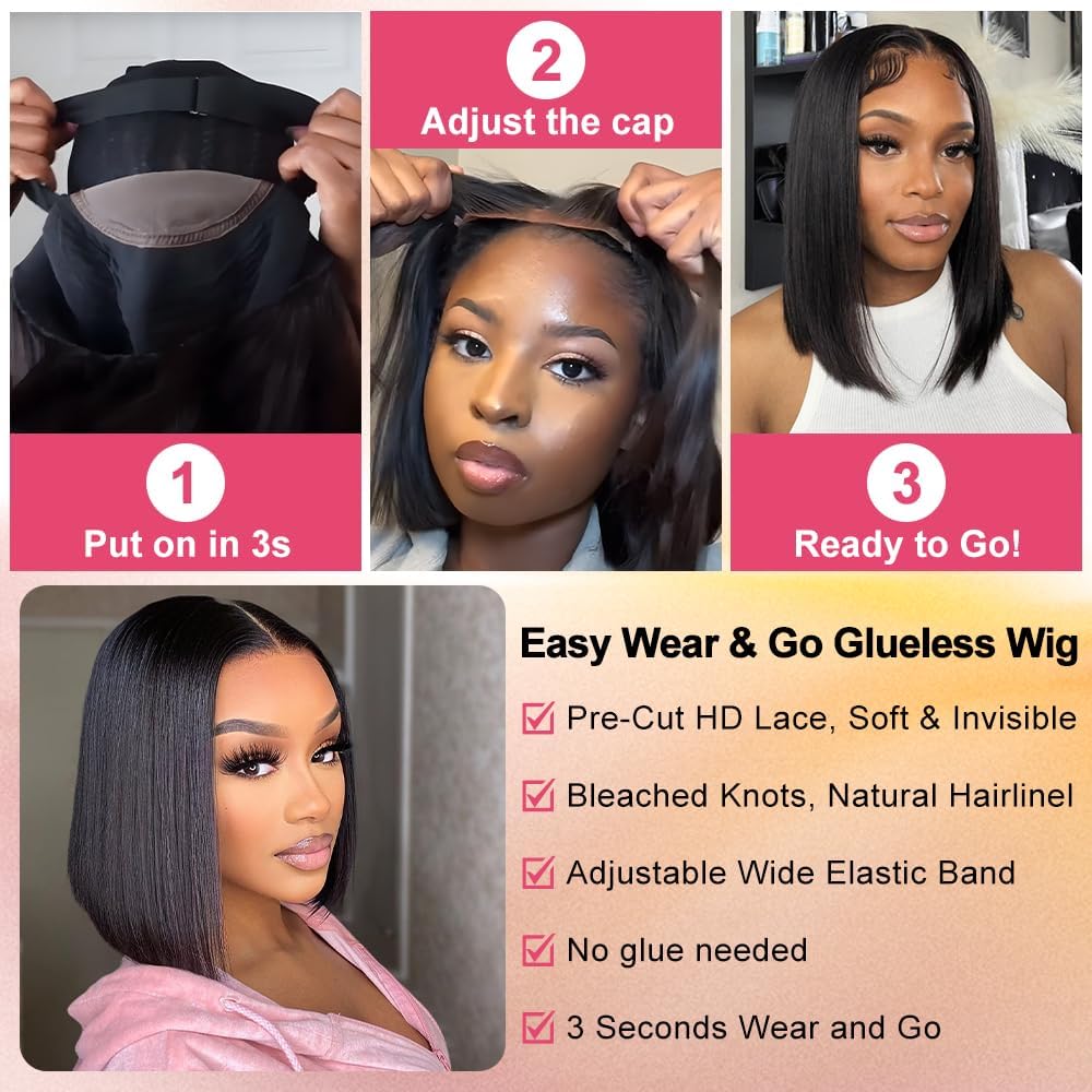 Bob Wig Human Hair Glueless Wear and Go 14 Inch Short 200% Density Pre Bleached Wear and Go Glueless Wigs Pre Plucked Pre Cut 13x4 Loose  main image 4