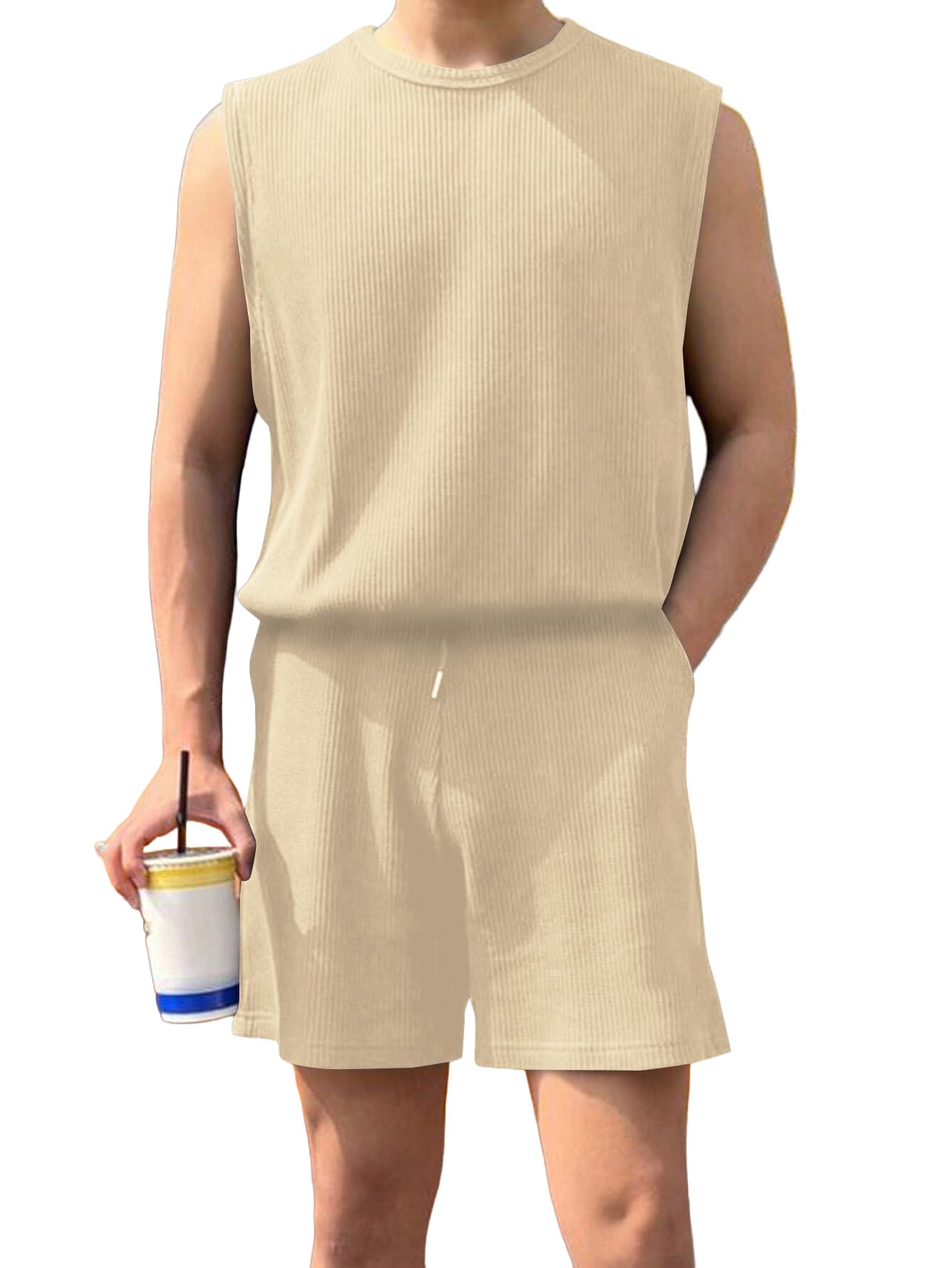 avix Men's Ribbed Sleeveless Tank Top and Shorts Set, Black Cord 2 Piece Casual Outfit-picture-22