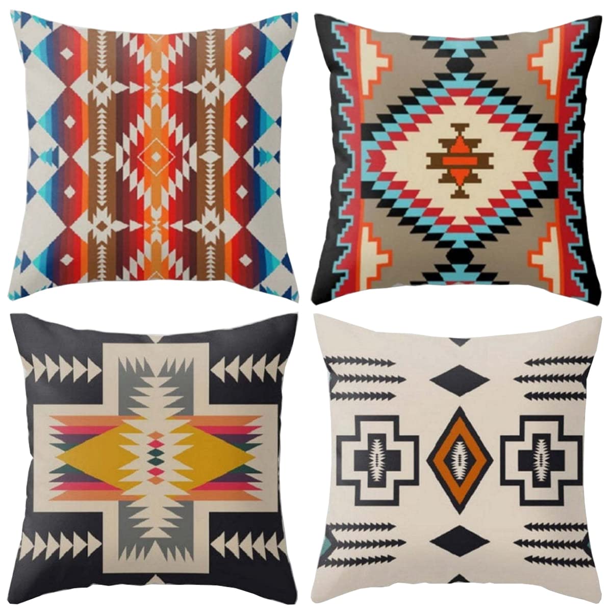 Cushion Covers 19.7 x 19.7 inches (50 x 50 cm), Scandinavian 4 Piece Set, Stylish, Cute, Ethnic Pattern, Linen, Flax, Native Ortega Pattern, Geometric Pattern, Modern Simple, Zipper, Interior