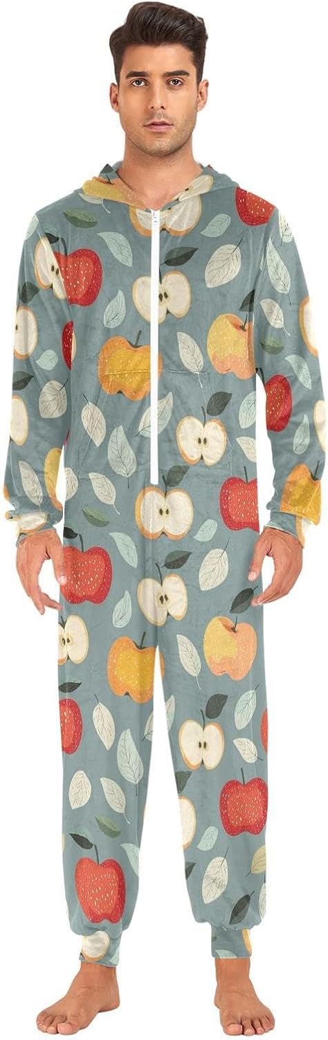 ZZKKO Farmhouse Apples Leaves Adult Onesie Pajamas for Women Men Cozy One Piece Pajamas Costume Zip-Up Hooded S-XL