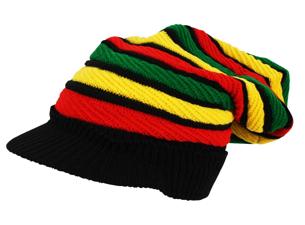 Itzu Rasta Oversized Knit Slouch Peak Beanie Cap Hat in Black (Striped Piping)