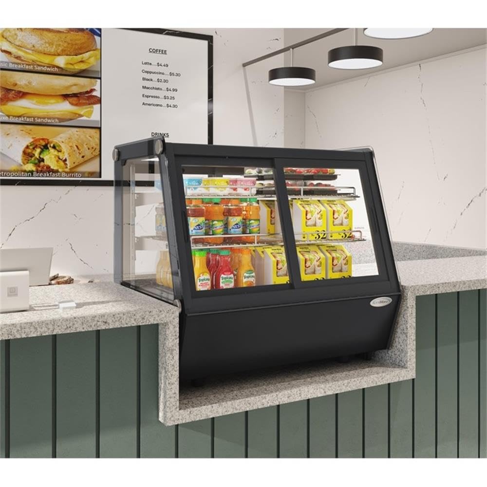 Pemberly Row 28" Countertop Display Refrigerator, Black Finish, 3.8 Cu. Ft, Self-Service Bakery Case with LED Lighting, Glass Front, Digital Temperature Control, Ideal for Baked Goods and Desserts on Fridge.com
