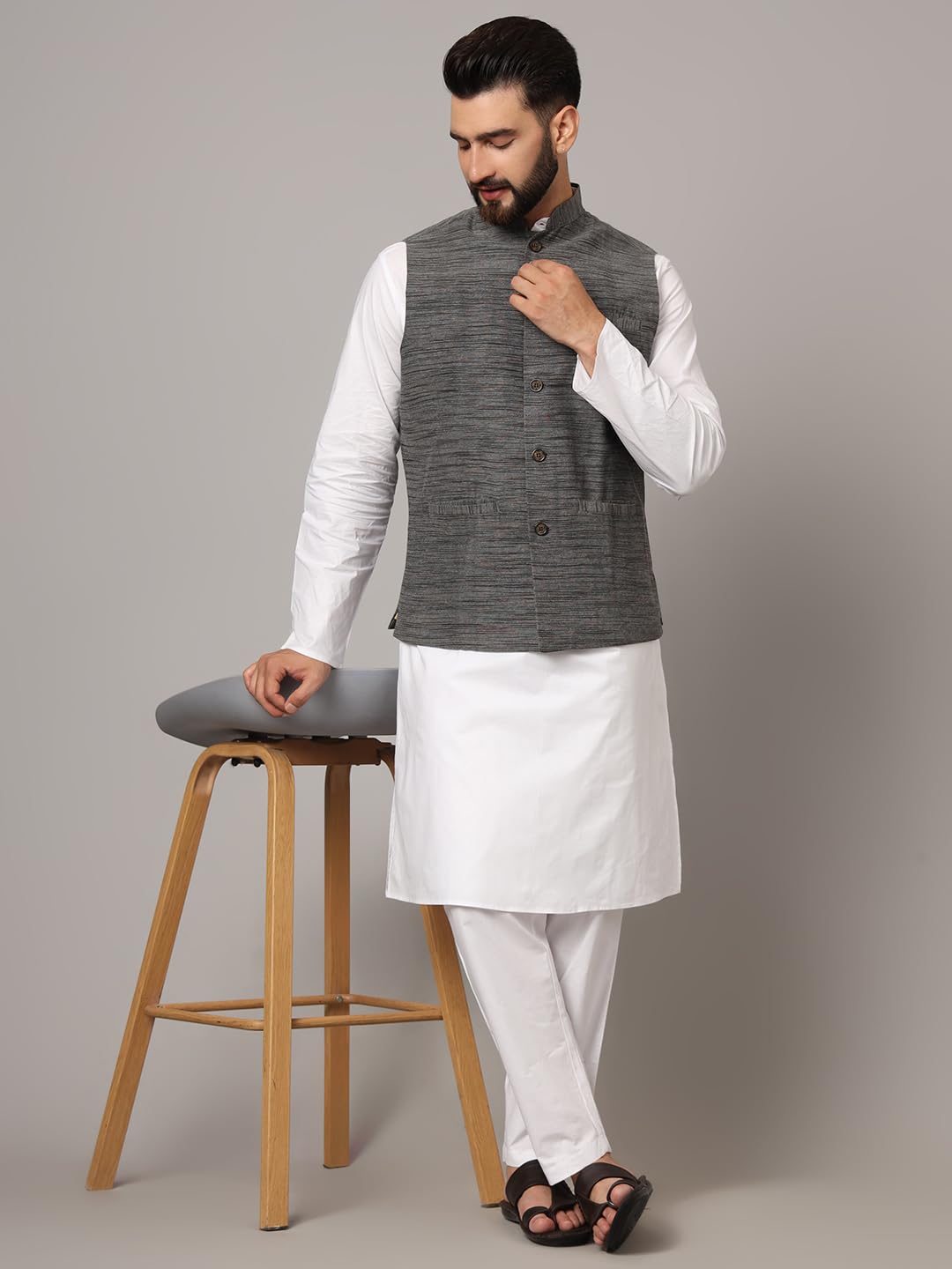 LATEST CHIKAN Men's Nehru Jacket/Waistcoat Sophisticated Ethnic Wear - SADRI-DK-GY-46 - Image 2 thumbnail