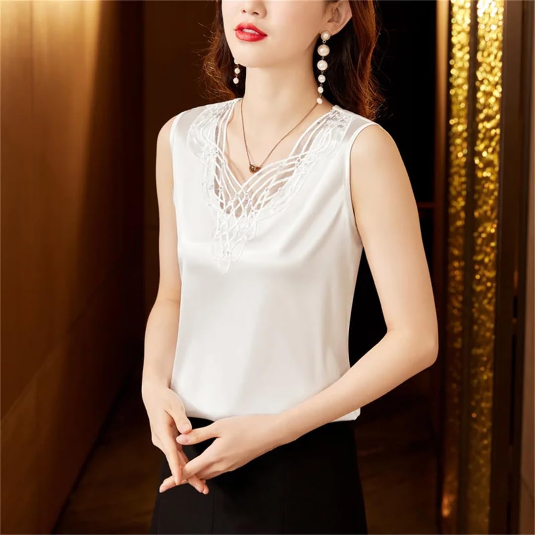 Camicie da donna senza maniche in seta estiva allentata casual in raso top tinta unita scollo