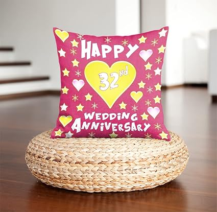 DreamVio Happy 32nd Anniversary Pillow,Cushion for Gifting on Birthday's & Wedding to Couple,Husband, Wife, Friends Color : Pink (12 x 12 inch)