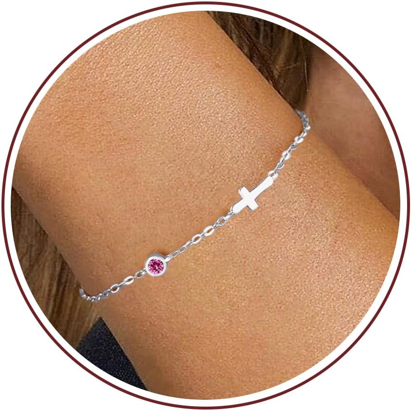 Cross Bracelet with Birthstone, Valentines Day Gifts for Her Easter Basket Stuffers for Teens Dainty Gold Bracelets for Women Birthday Gift Christian Gifts for Her Religious Faith Baptism Confirmation Gift for Teen Girls Christmas Jewelry for Sister Daughter Granddaughter Girlfriend