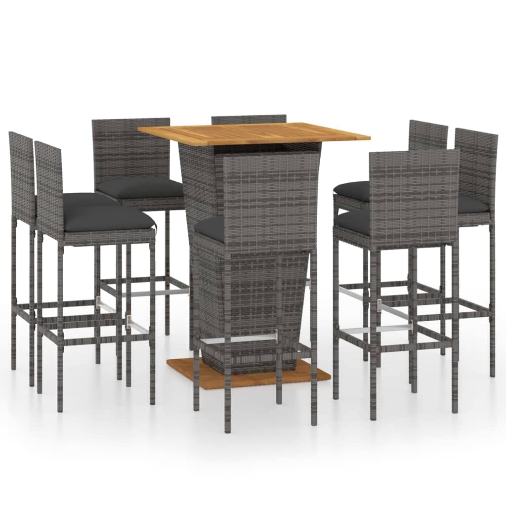 vidaXL Ensemble de Bar de Jardin 9 pcs et Coussins Table et Chaises de Patio Mobilier de Terrasse Salon de Jardin Extérieur Résine Tressée Gris