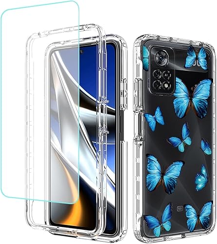 Funda para Poco X4 Pro 5G, 2201116PG Funda con protector de pantalla de vidrio templado, cuerpo completo transparente floral TPU Slim Funda