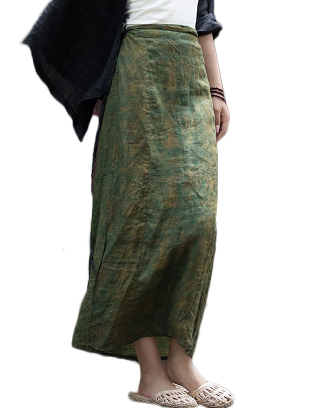 Damen Wickelrock mit Schlitz, zum Selbstbinden, chinesischer Einteiler, Blumendruck, elegant, Vintage, langer Rock