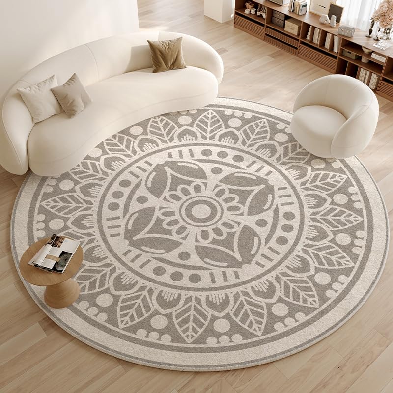 Tapis Rond 80 cm Mandala Gris Beige Tapis Salon Shaggy Chambre Fille Enfant Lavable en Machine Moelleux avec Le Fond Antidérapant Décoration pour la Maison