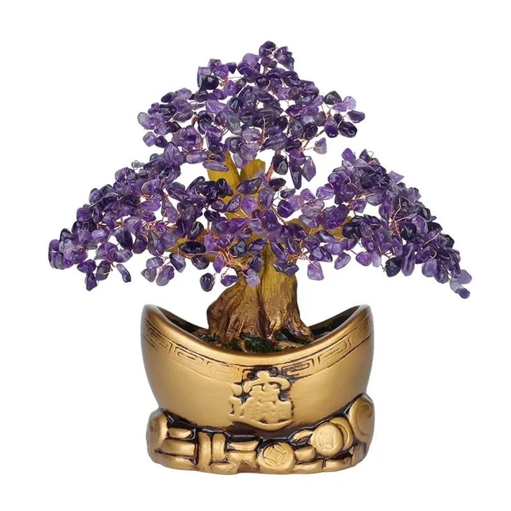 Home Decor Home Desk Feng Shui Fortune Ornament, Amethyst Citrine Money Tree Decoration Bonsai(Purple)