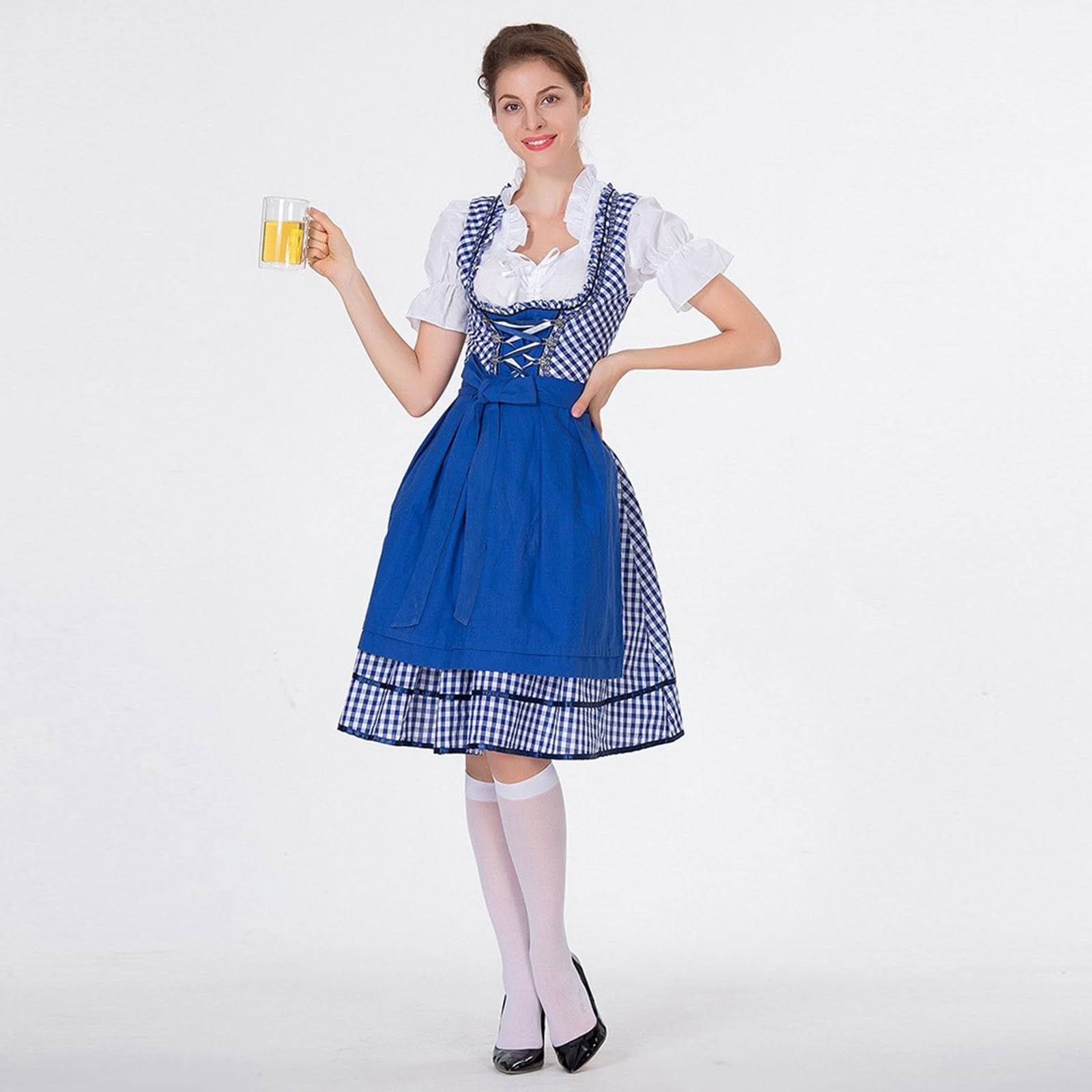 Dirndl Damen Midi Dirndlkleid Trachtenkleid Oktoberfest Bierfest Cosplay Elegantes Hofkleid Outfit mit weißer Bluse für Frauen saisonale Partykleidung Spitze Midi Dirndlkleid Kleid für