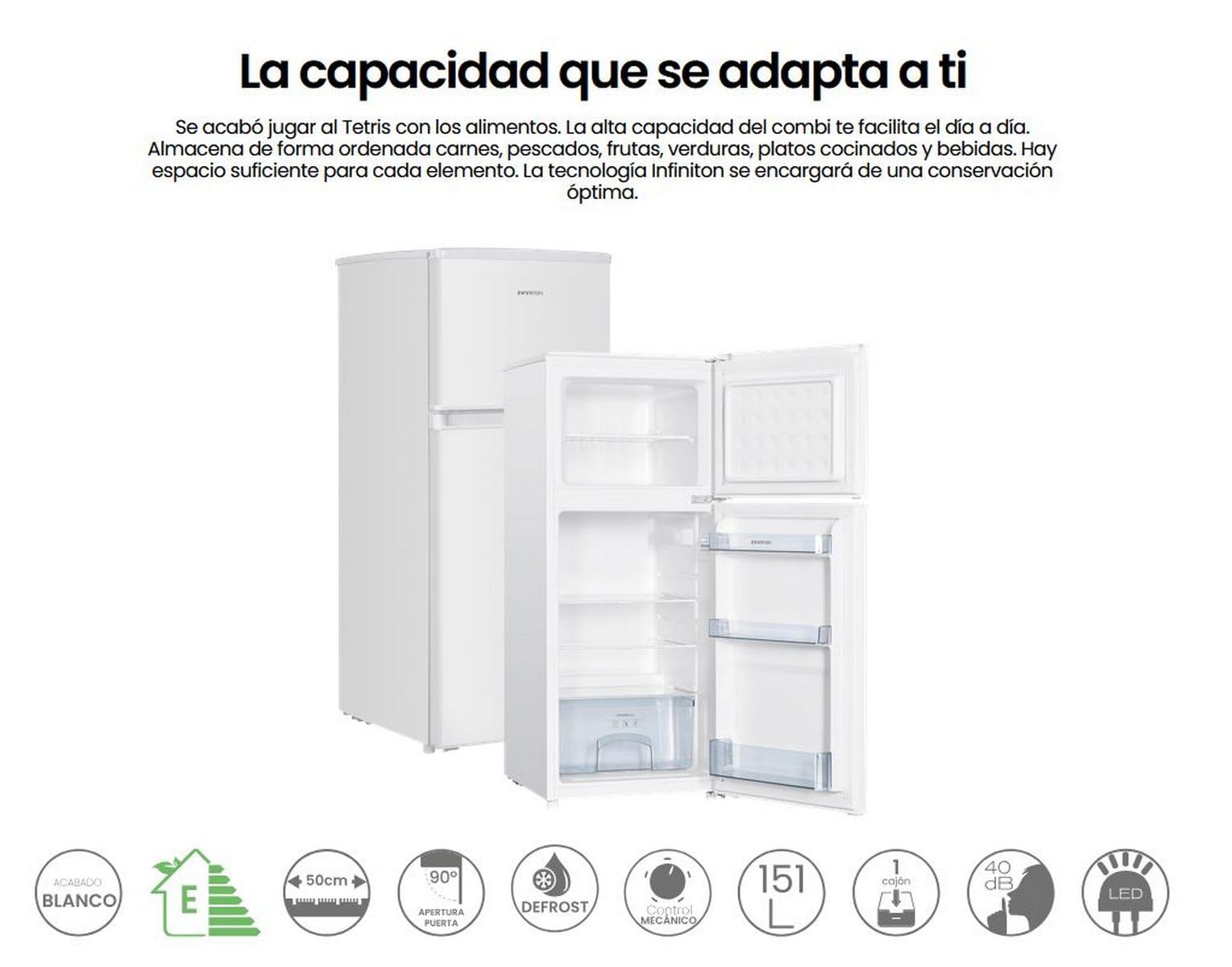 Frigorifico Dos Puertas Infiniton FG-151D12BEV, 151 Litros, 122 cm de Altura, Ancho de 50 cm, Ciclico, LED Interior, Regulación en altura, E, Blanco