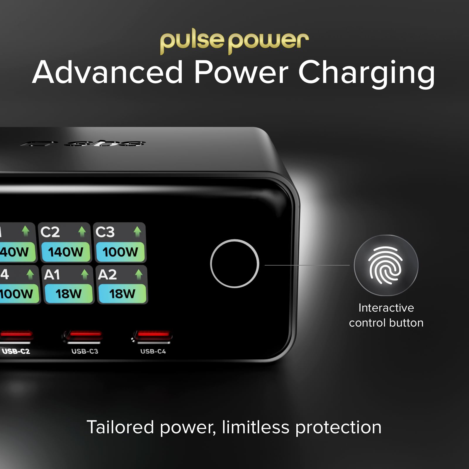 SBS Pulse Power Station 240W, Tecnologia GaN, Power Delivery (PD 3.1 PPS) | Smart Display, 6 Porte: 4x USB-C, 2x USB-A, Alimentatore con Ricarica Rapida, Caricatore per Notebook, Tablet, Smartphone
