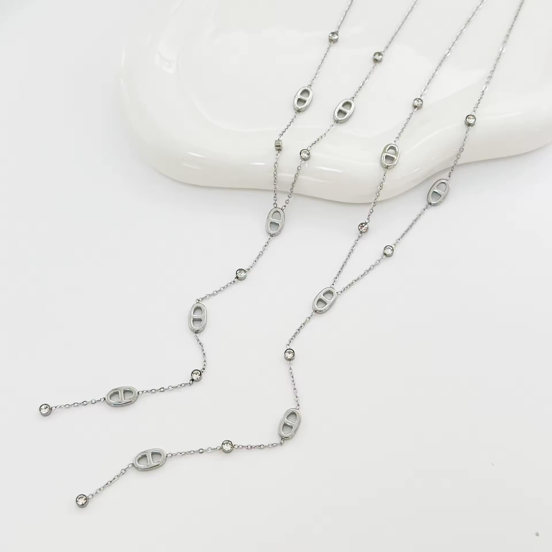 collier sautoir chaine en y - pendentif nez de cochon et strass - maille marine - acier inoxydable- argent ou or - collier personnalisé-collier tendance