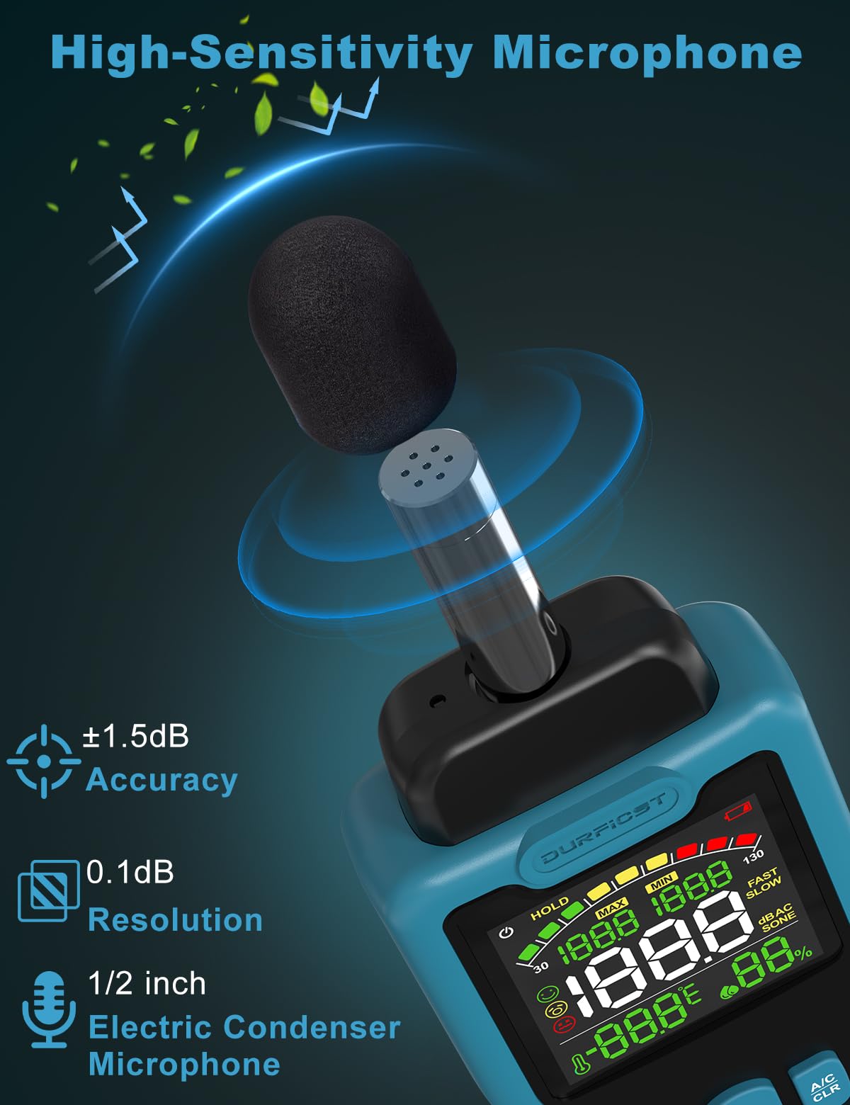 Dezibel Messgerät, DURFICST Schallpegelmessgerät mit Temperatur- und Feuchtigkeitsanzeige, 30–130dB, DB Messgerät mit LCD-Farbdisplay, AC-Bewertung, dB/SONE-Einheit, Schnelle/Langsame Ansprechzeit