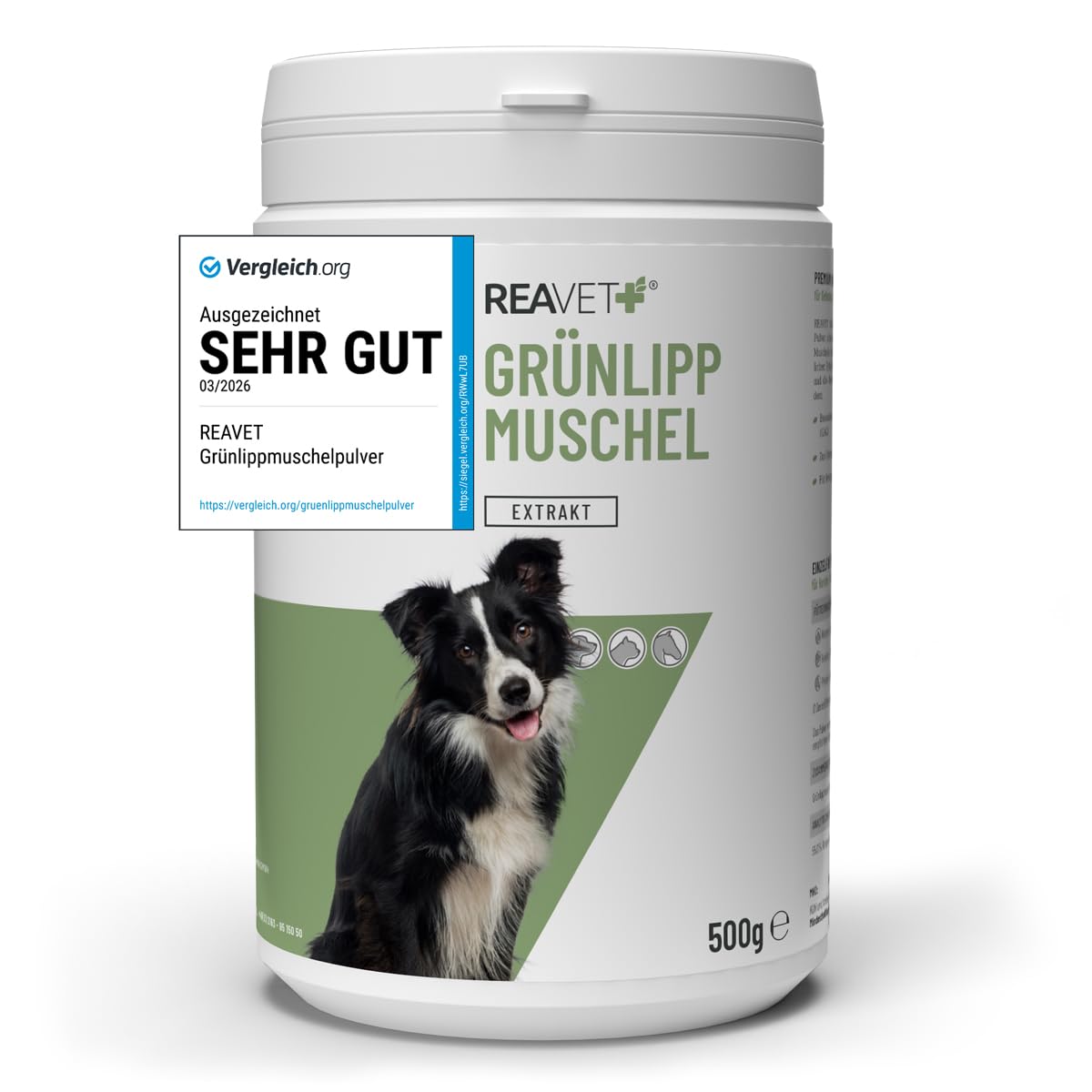 TESTURTEIL SEHR GUT 2026 ReaVET Grünlippmuschel Extrakt Pulver 500g für Hunde I Grünlippmuschelpulver Hund für Katze & Pferde hochdosiert I nach behandelter Arthrose, Arthritis - Barf Futterzusatz