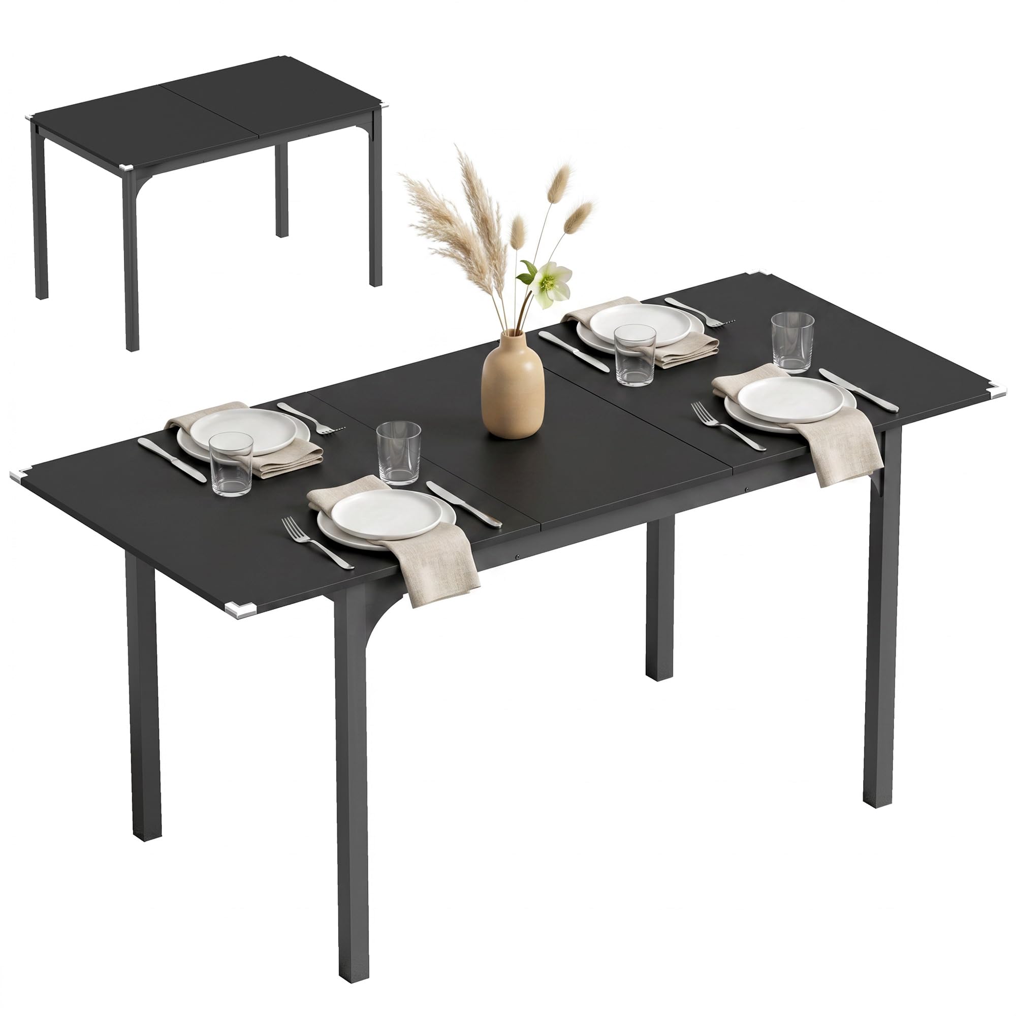 HOMCOM Tavolo da Pranzo Allungabile 4-6 Posti Espandibile 120-160 cm Nero | Tavolo Moderno, da Cucina e Studio, Rettangolare, con Gambe in Acciaio