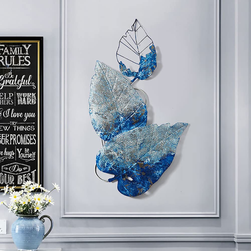 JOZZY Decoración de Pared,Decoración de Arte de Pared de Hojas Azules de Metal, Escultura de Pared 3D, tapices Decorativos para Sala de Estar, Dormitorio, baño, Cocina, casa de Campo, Oficina, 55
