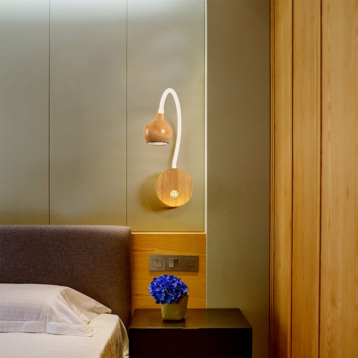 Aplique de Pared de Madera para Lectura, 3 W, LED Moderno, con Interruptor, Cuello de Cisne Flexible, para Dormitorio, mesita de Noche, 4000 K, Montaje en Pared, Foco, Luces de Lectura para Leer