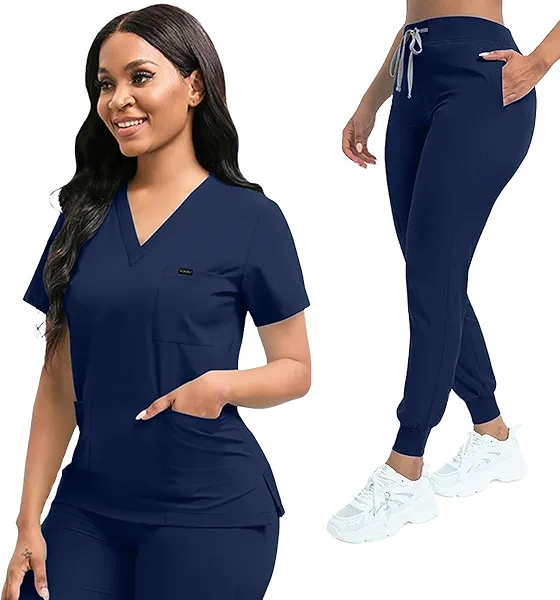 YEZEX Scrubs for Women Set, Women's V-Neck Top & Jogger Scrub Pants, Nursing Uniform Scrubs Set with 8 Pockets
