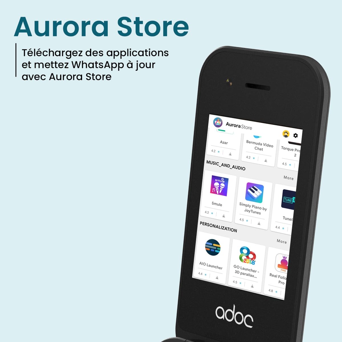 ADOC SC04 Téléphone portable 4G avec WhatsApp, écran tactile, vidéoconférence, grands boutons, bouton SOS, facile à utiliser, batterie longue durée, Bluetooth, Wi-Fi, Android 12.