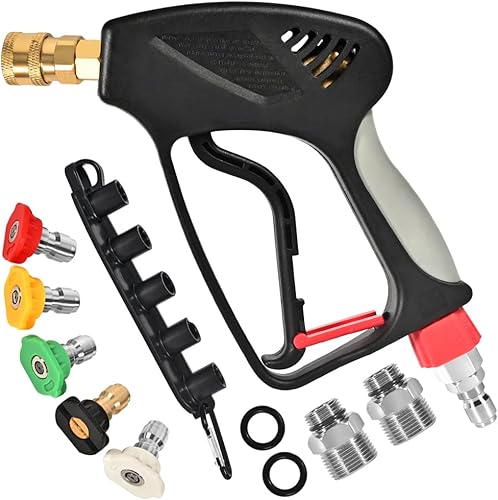 Pistola corta para lavadora a presión, alta presión de 5000 PSI, mango de gatillo y enchufe giratorio profesional de conexión rápida de 3/8